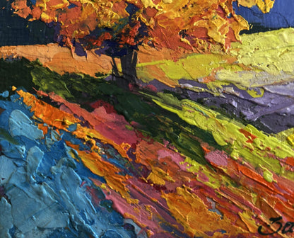 Vibrant oil painting by V. Zadorozhnya of two big trees in a field