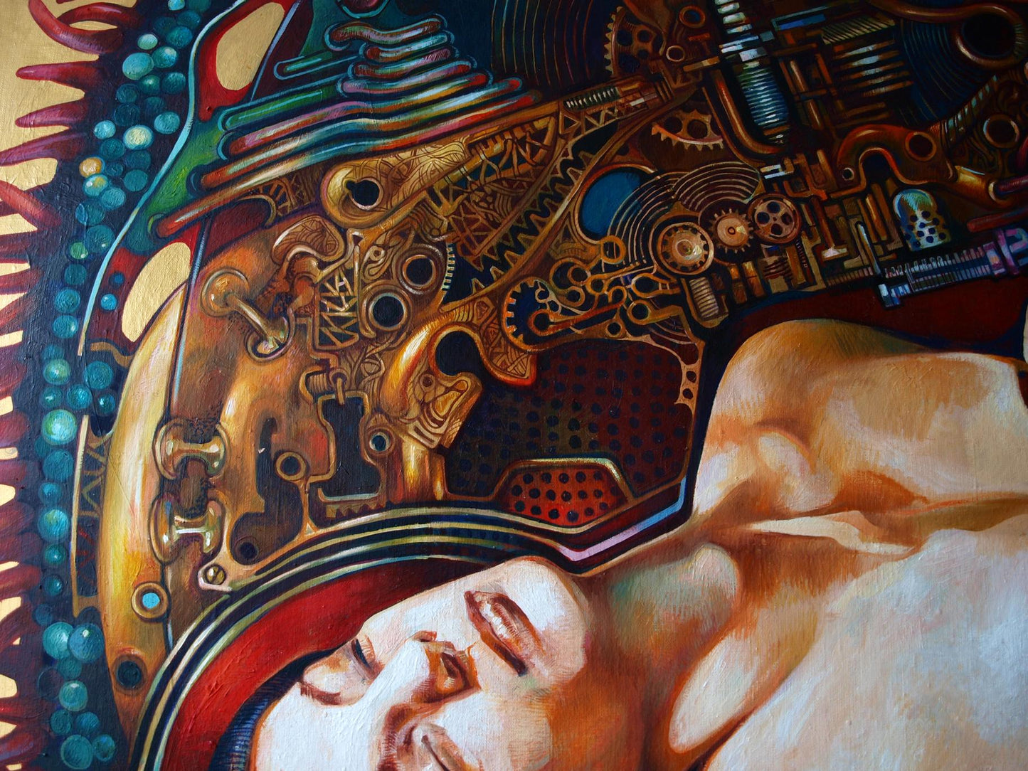 Oil painting Overcoming the Singularity by Konsta G. Amelinn with gear face