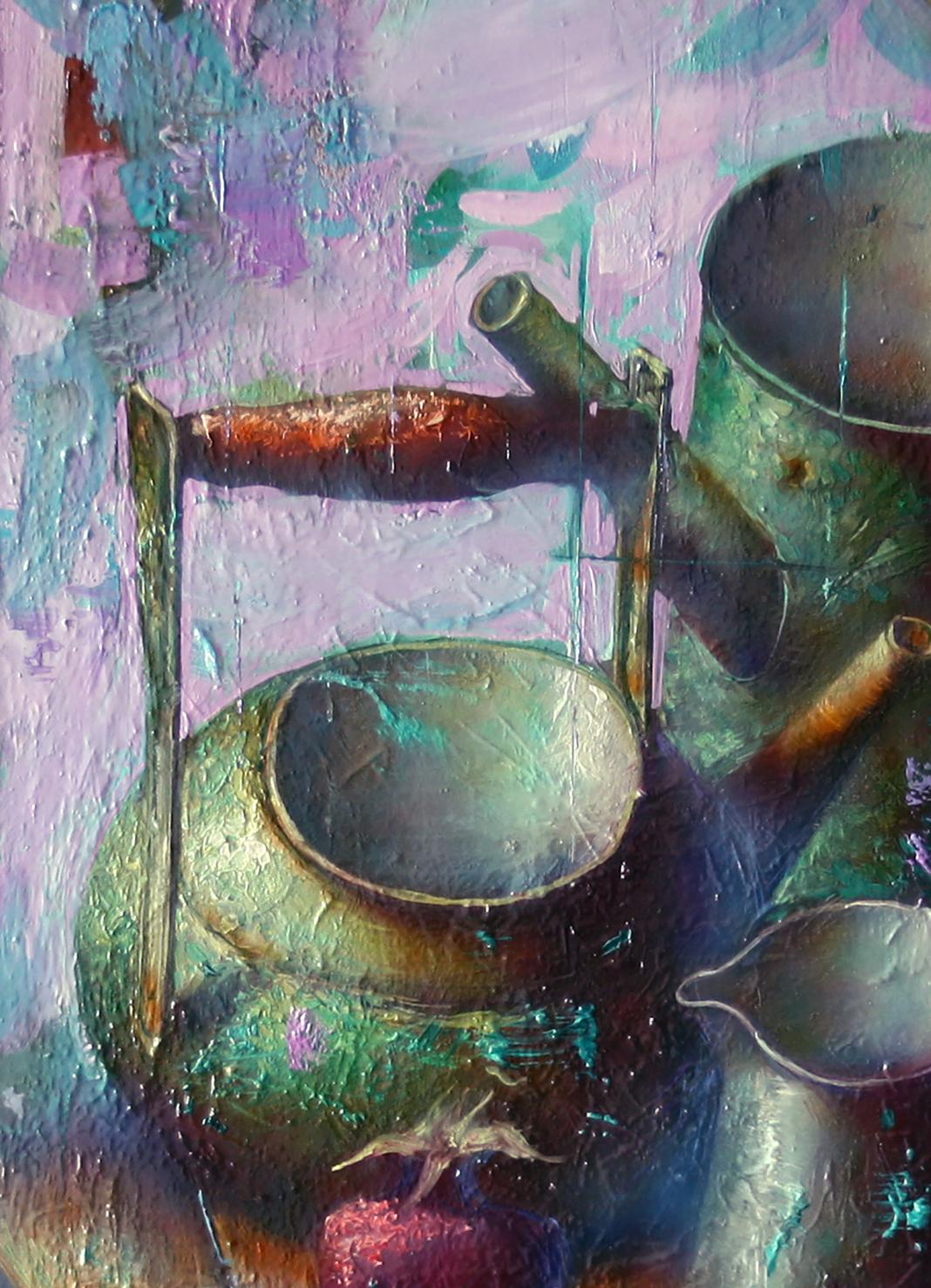 Oil painting of textured metallic green teapot by Alexander Dobrodiy
