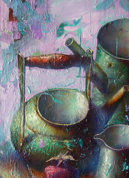 Oil painting of textured metallic green teapot by Alexander Dobrodiy