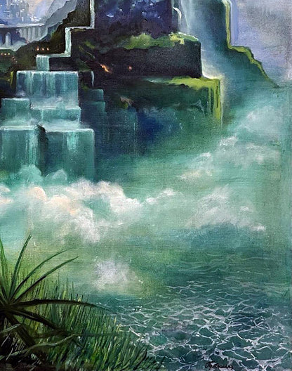 Oil painting Valley of waterfalls by Serhii Prybyshenya surreal turquoise cascade