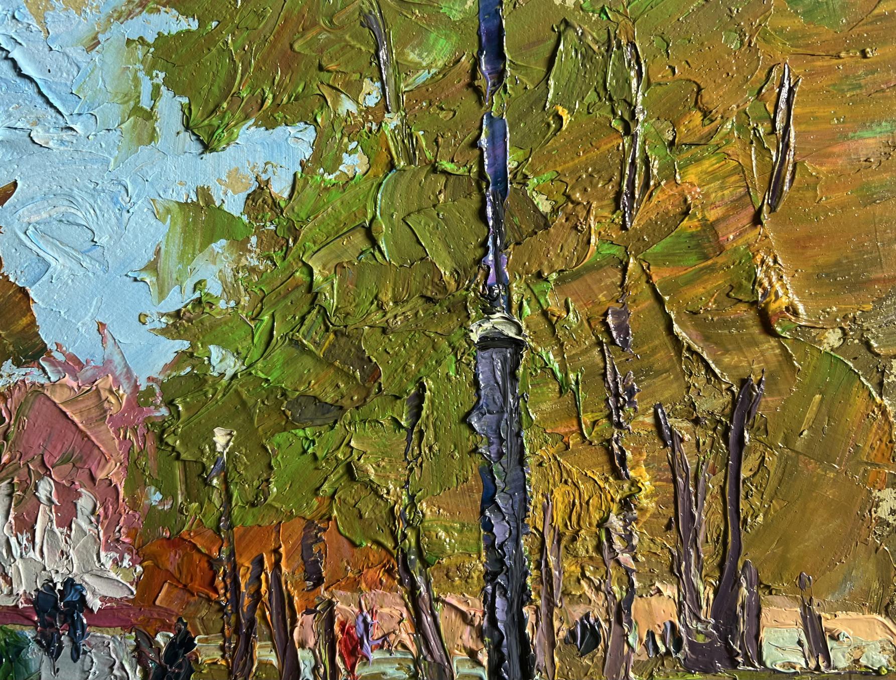 Oil painting of City National Park by Boris Serdyuk, textured green gold with dark vertical element