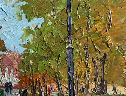 Oil painting of City National Park by Boris Serdyuk, textured green gold with dark vertical element
