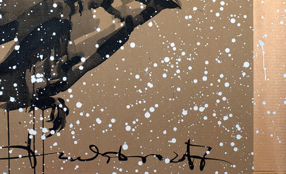 Black and white abstract acrylic painting First Snow by Dima Filatov with stylized bird