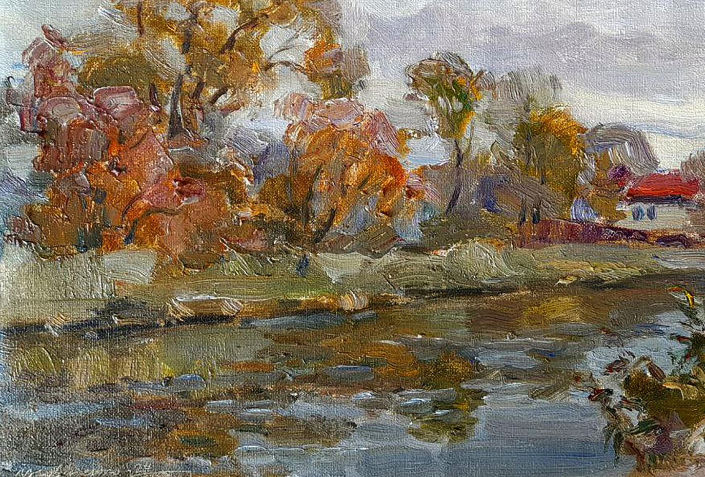 Oil painting Winding river in forest by Ivan Kovalenko vibrant autumn foliage