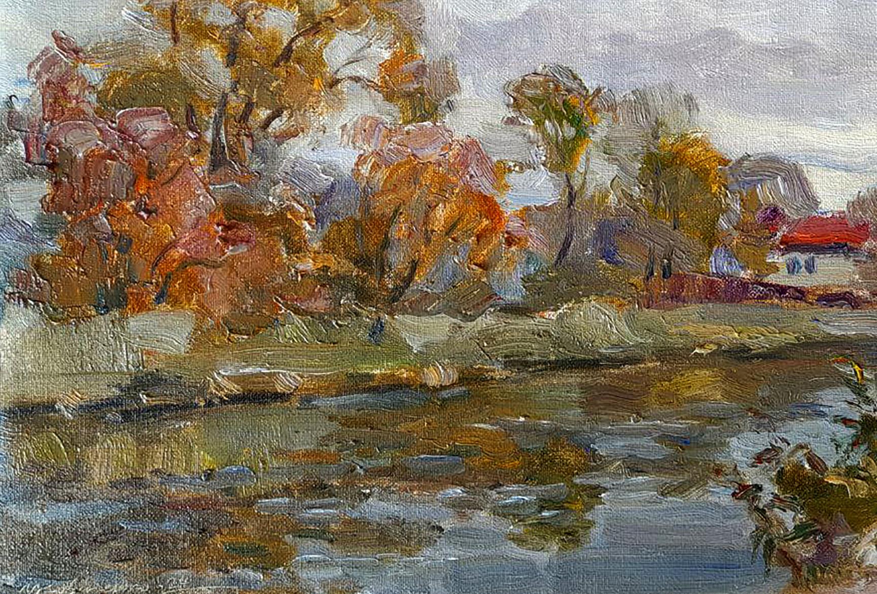 Oil painting Winding river in forest by Ivan Kovalenko vibrant autumn foliage