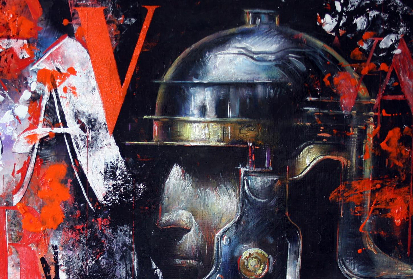 Oil painting of Warrior Alexander Dobrodiy in reflective metallic dome helmet with gold accents