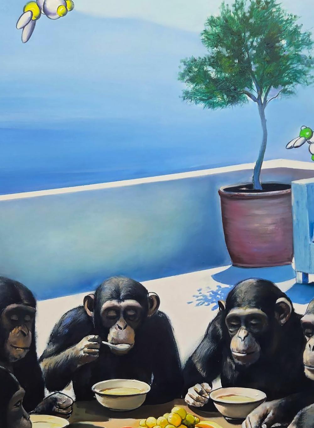 Oil painting of black chimpanzees eating from bowls by Igor Konovalov