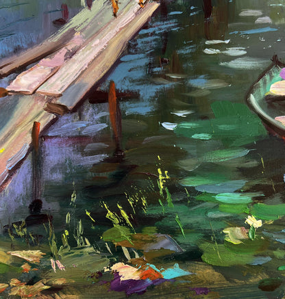 Rustic dock over lily pad waterway, Yuriy Suprunchuk oil painting