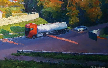 Vibrant red semi-truck with silver tanker on autumn road, Boris Serdyuk oil painting