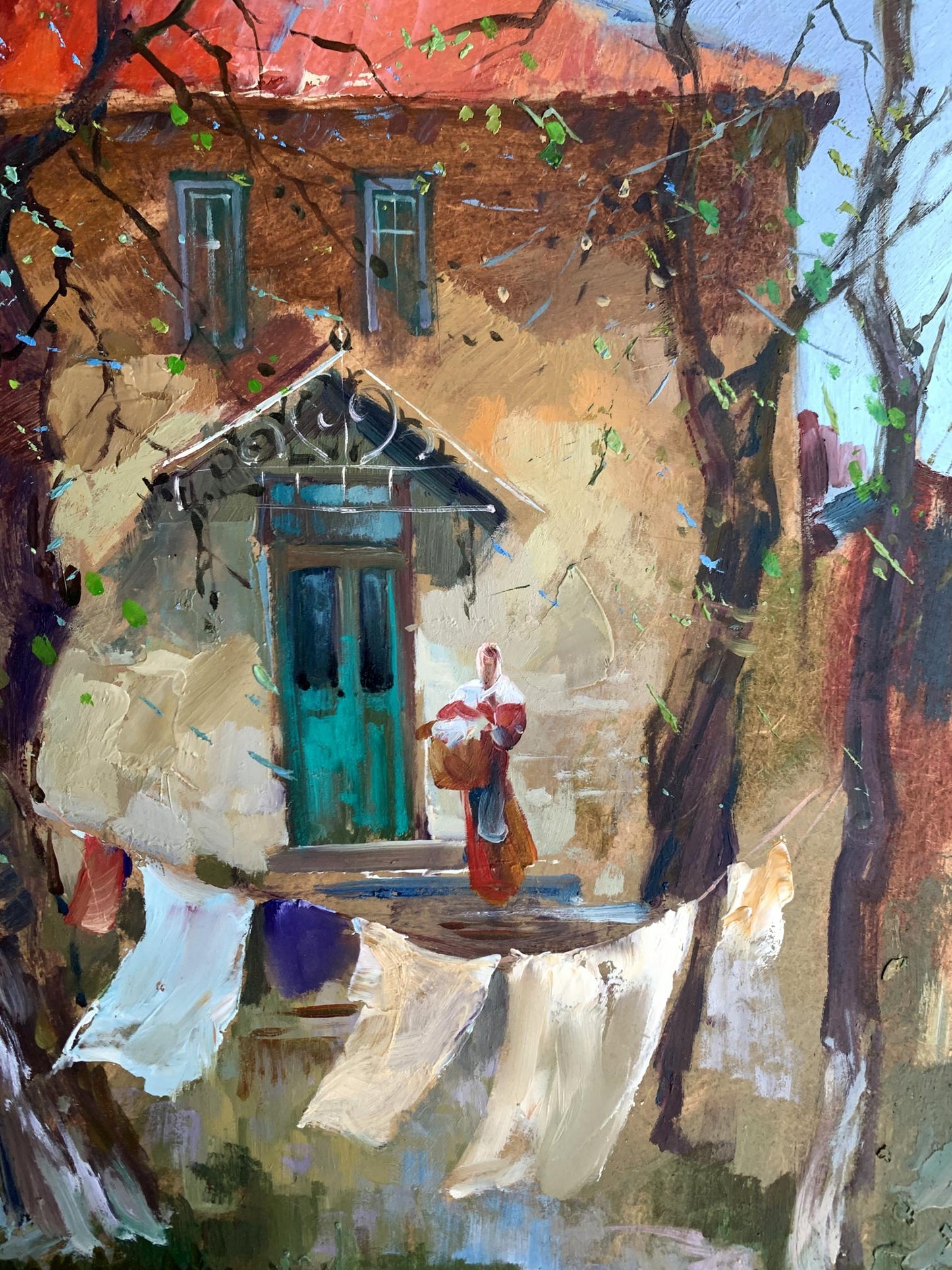 Vibrant impressionist oil painting A light breeze in the yard by Yuriy Suprunchuk
