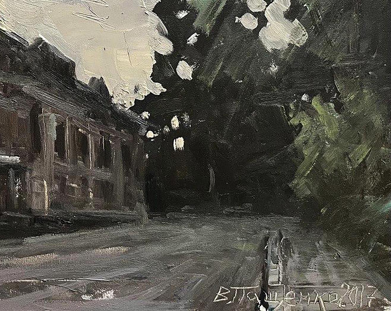 Oil painting Old town by Volodymyr Pashchenko, shadowy street scene