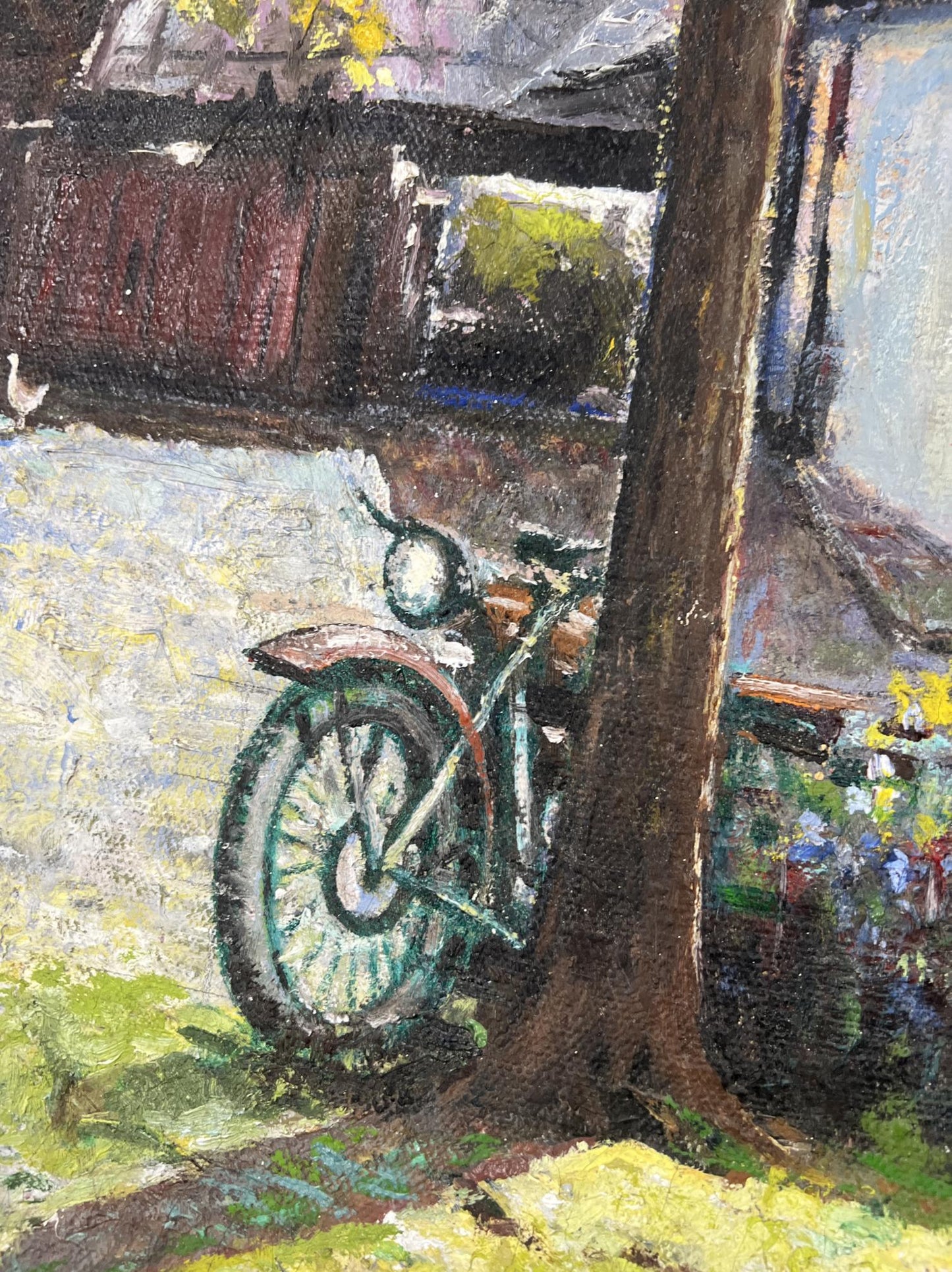 Vintage green motorcycle by tree in Fedor Konev oil painting