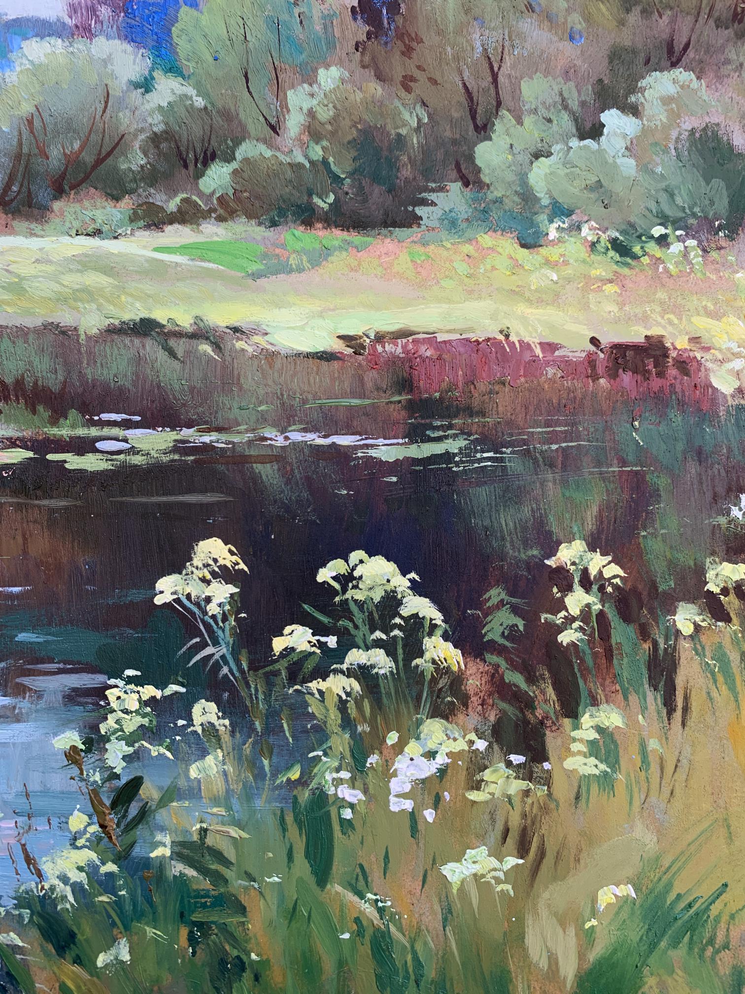 Vibrant impressionistic oil painting of river along forest by Yuriy Suprunchuk
