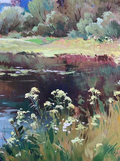 Vibrant impressionistic oil painting of river along forest by Yuriy Suprunchuk