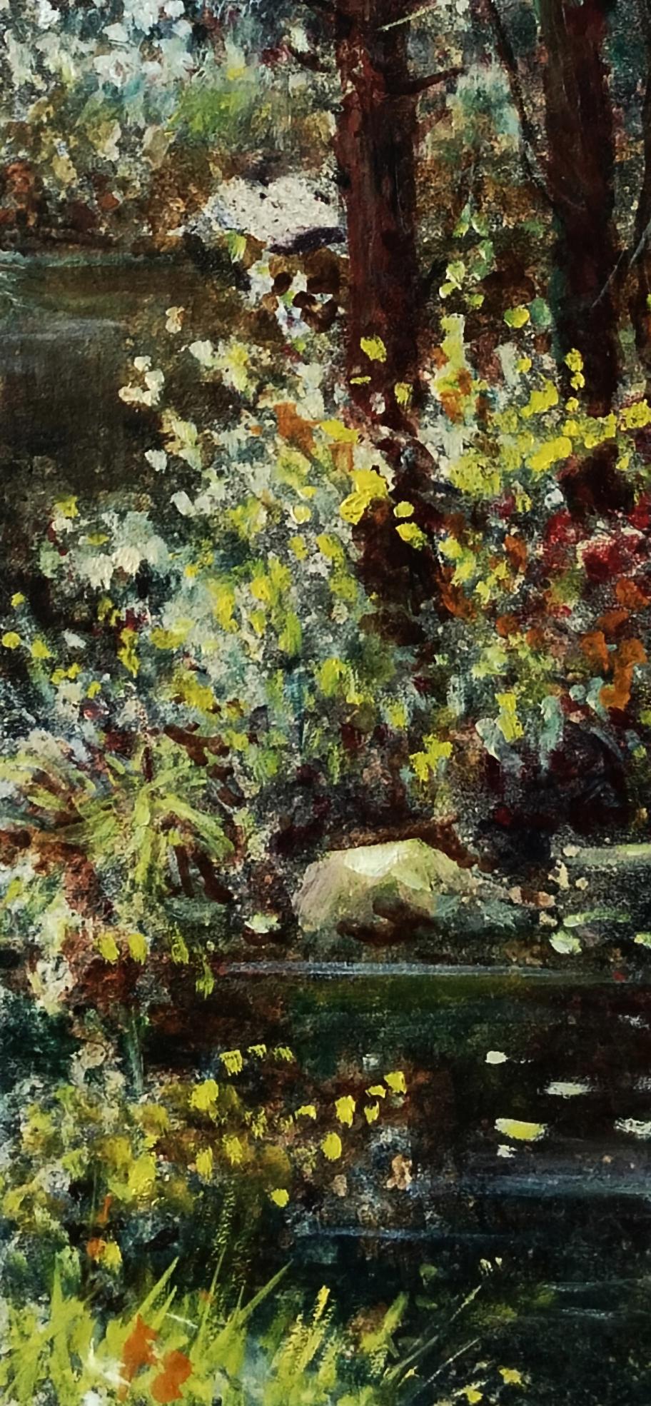 Vibrant impressionist oil painting of sun-dappled forest by Vitaly Duhnevich