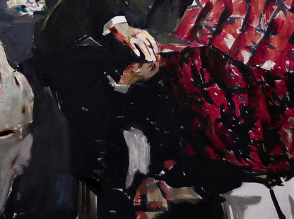 Oil painting LORAN by Ed Potapenkov with red, black and white strokes
