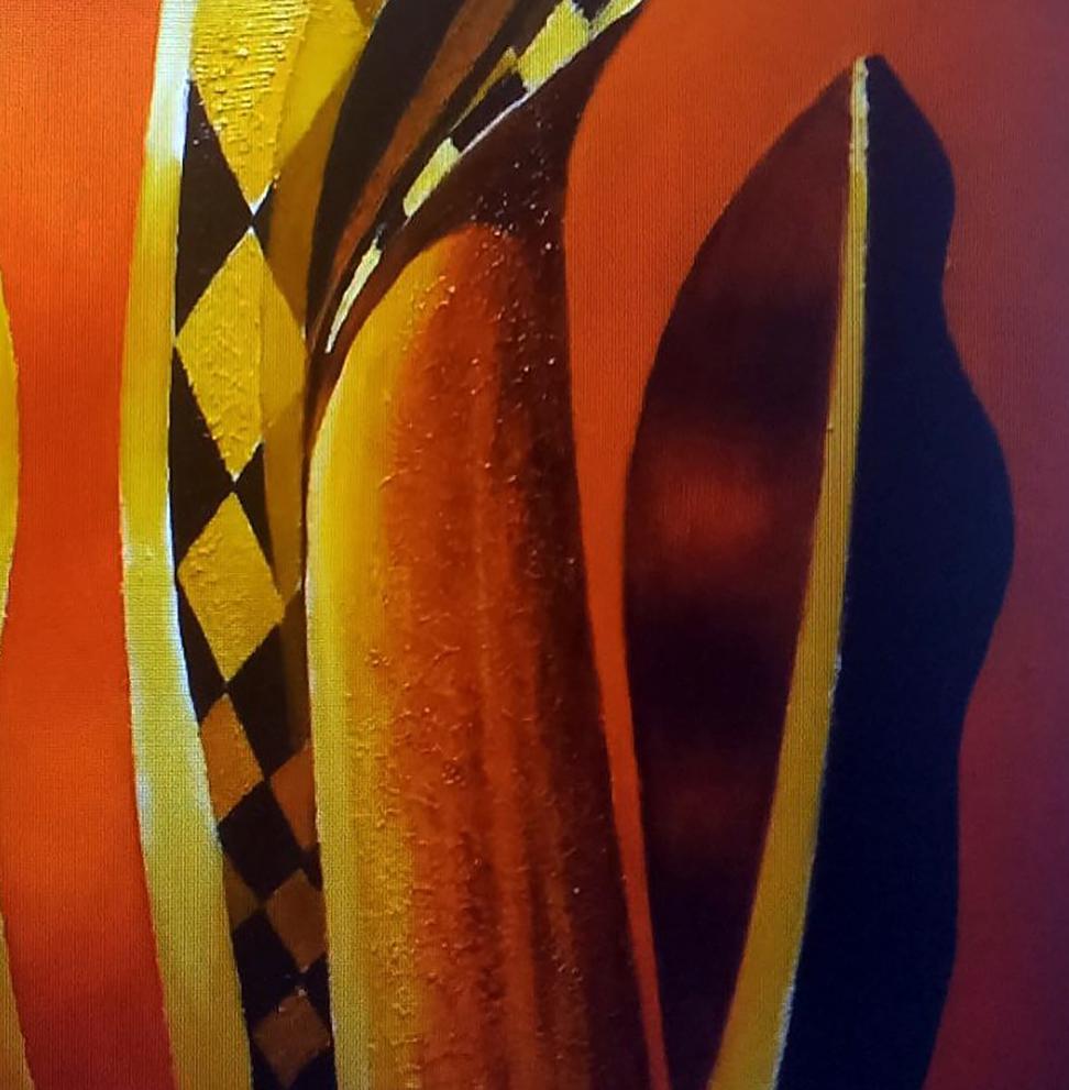 Oil painting Harlequin by Alexander Strashevich: bold orange, yellow, black stripes