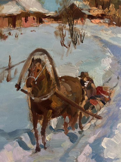 Oil painting of brown harnessed horse pulling sled in snow by Yuriy Suprunchuk
