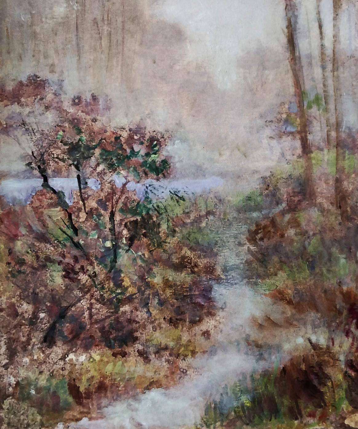 Impressionist oil painting of misty autumn forest path by Vitaly Duhnevich