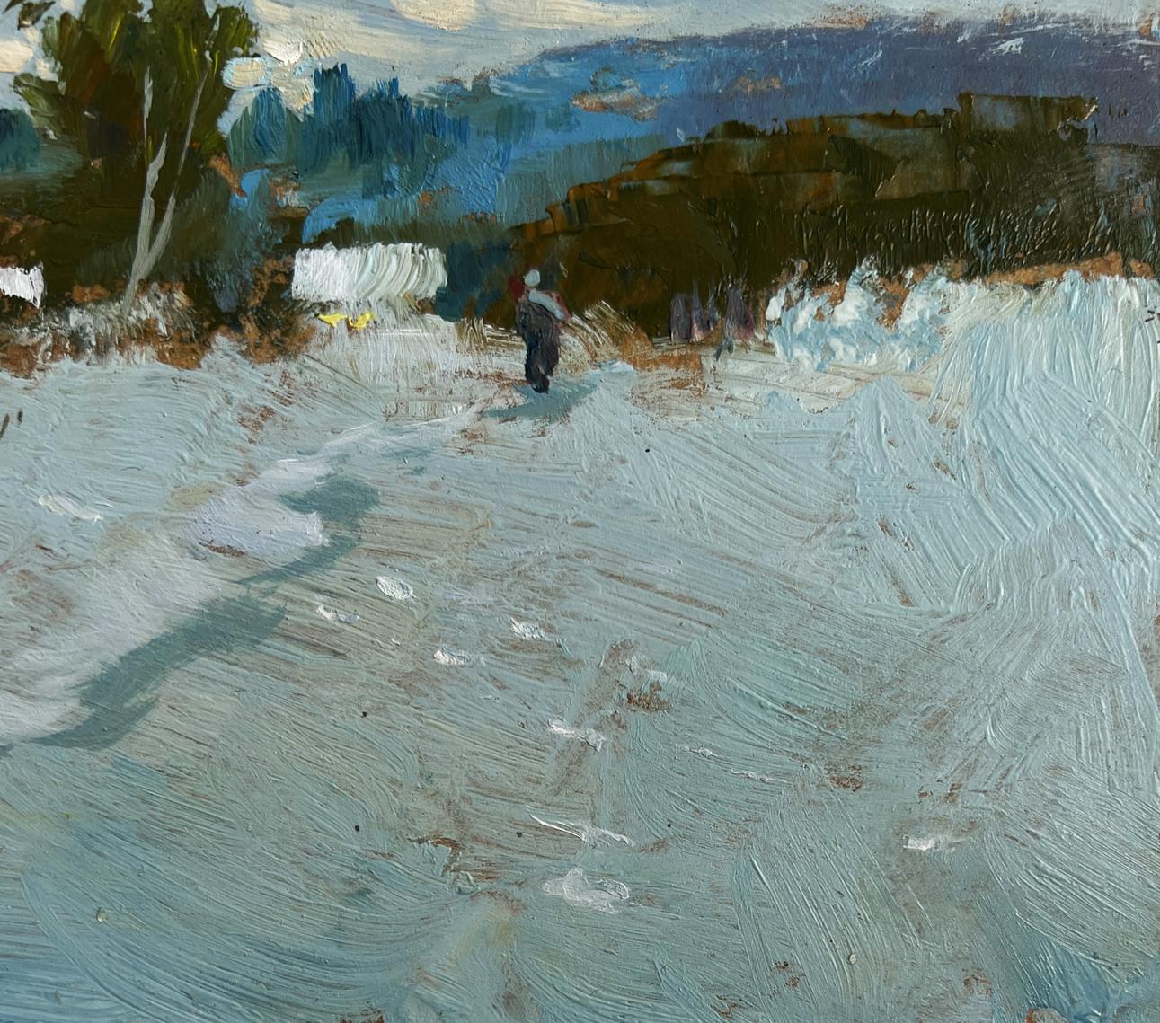 Oil painting Winter twilight by Yuriy Suprunchuk: solitary figure in snowy field