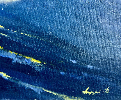Oil painting of snow-capped mountains by Tatyana Derdey, deep blue with yellow streaks