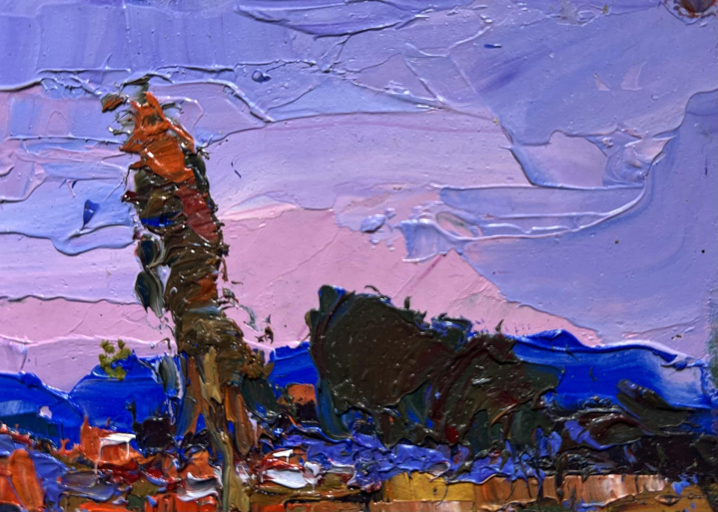 Oil painting Swimming on the lake by Oksana Ivanyuk with purple strokes and orange form