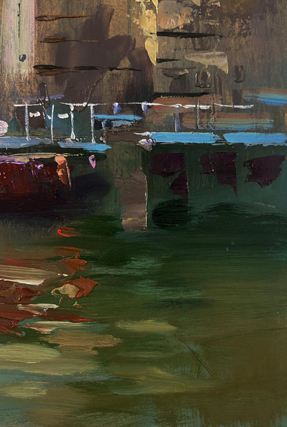 Abstract Yuriy Suprunchuk oil painting of city sailboats in green, brown, blue