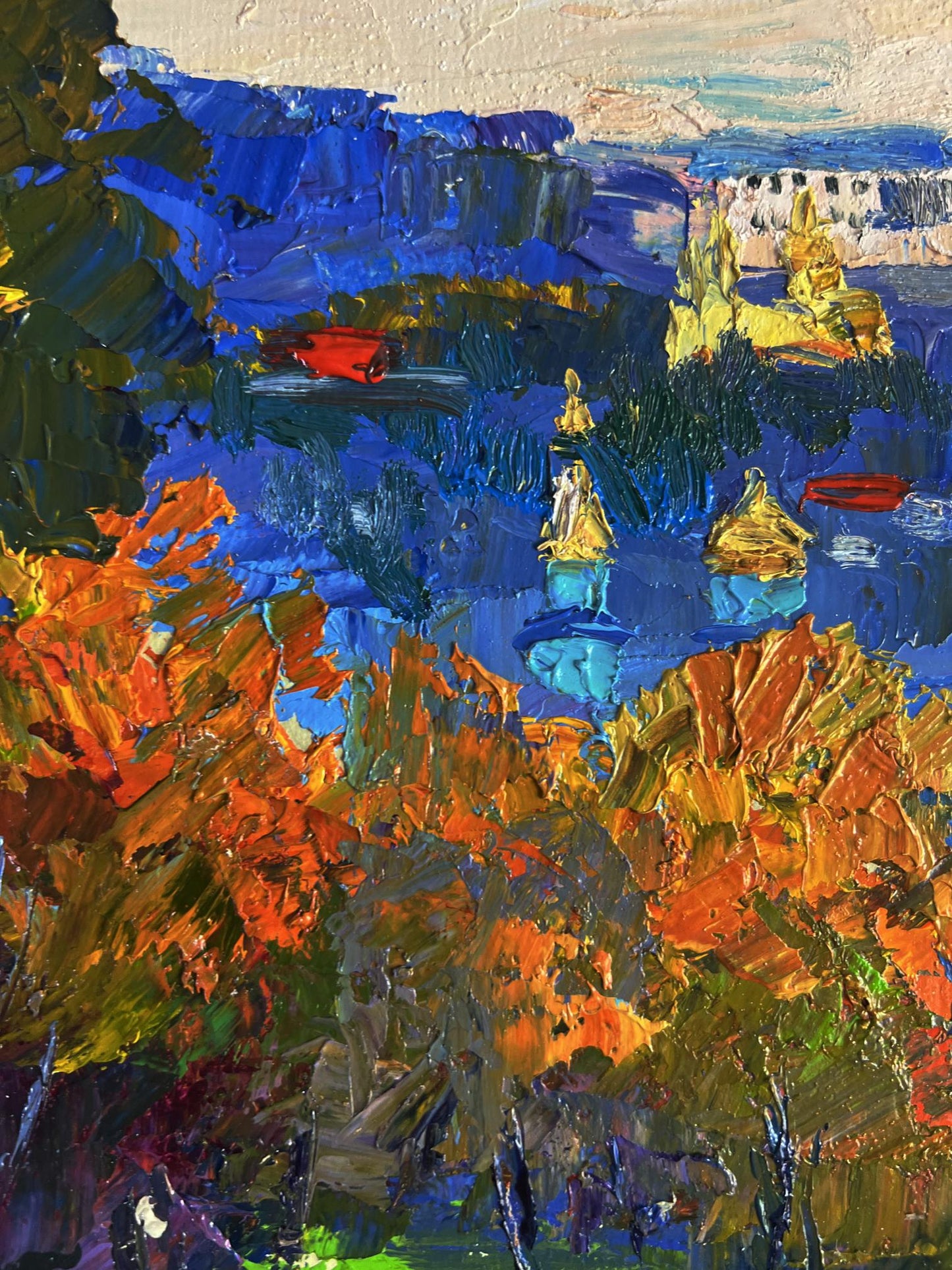 Vibrant impressionist oil painting by Boris Serdyuk: autumn forest lakeside view with boats