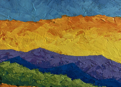 Vibrant oil painting of blue mountains with yellow sunset by V. Zadorozhnya
