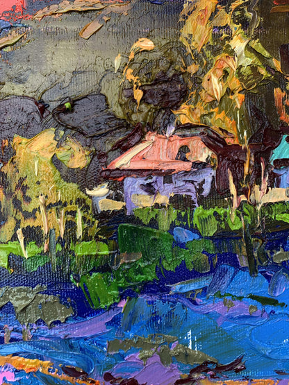 Oil painting Night has come by Ivanyuk Oleksiy: house with pink roof in lush foliage