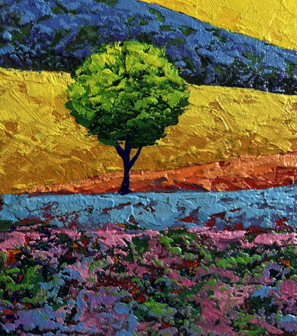 Oil painting of yellow sunset over flower meadows by V. Zadorozhnya