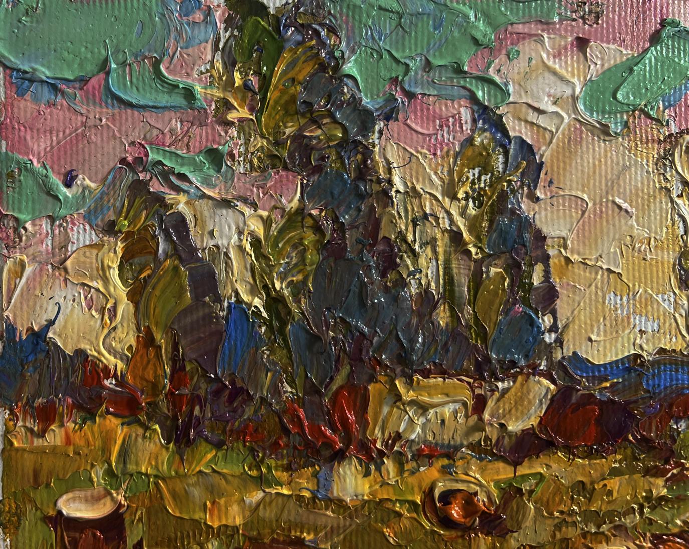 Oil painting Haystacks in the field by Oleksiy Ivanyuk in earthy tones