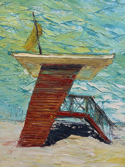Oil painting of Praia de Golfo lifeguard tower by Serhiy Kovalev