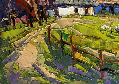 Vibrant impressionist oil painting by Oksana Ivanyuk: warm rural street in green, yellow, purple