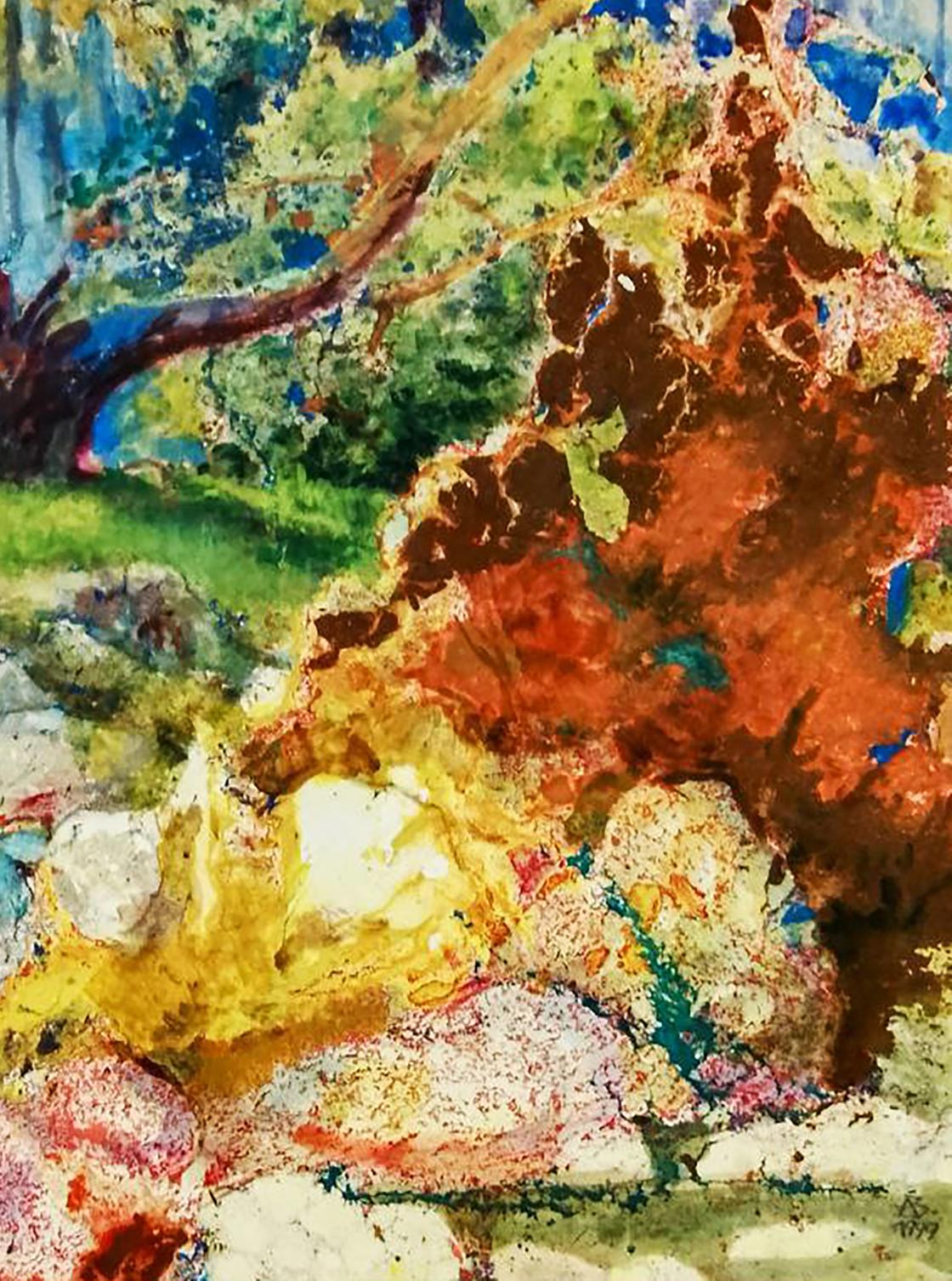 Vibrant oil painting In the fairy tale forest by Vitaly Duhnevich, textured rocks and lush foliage
