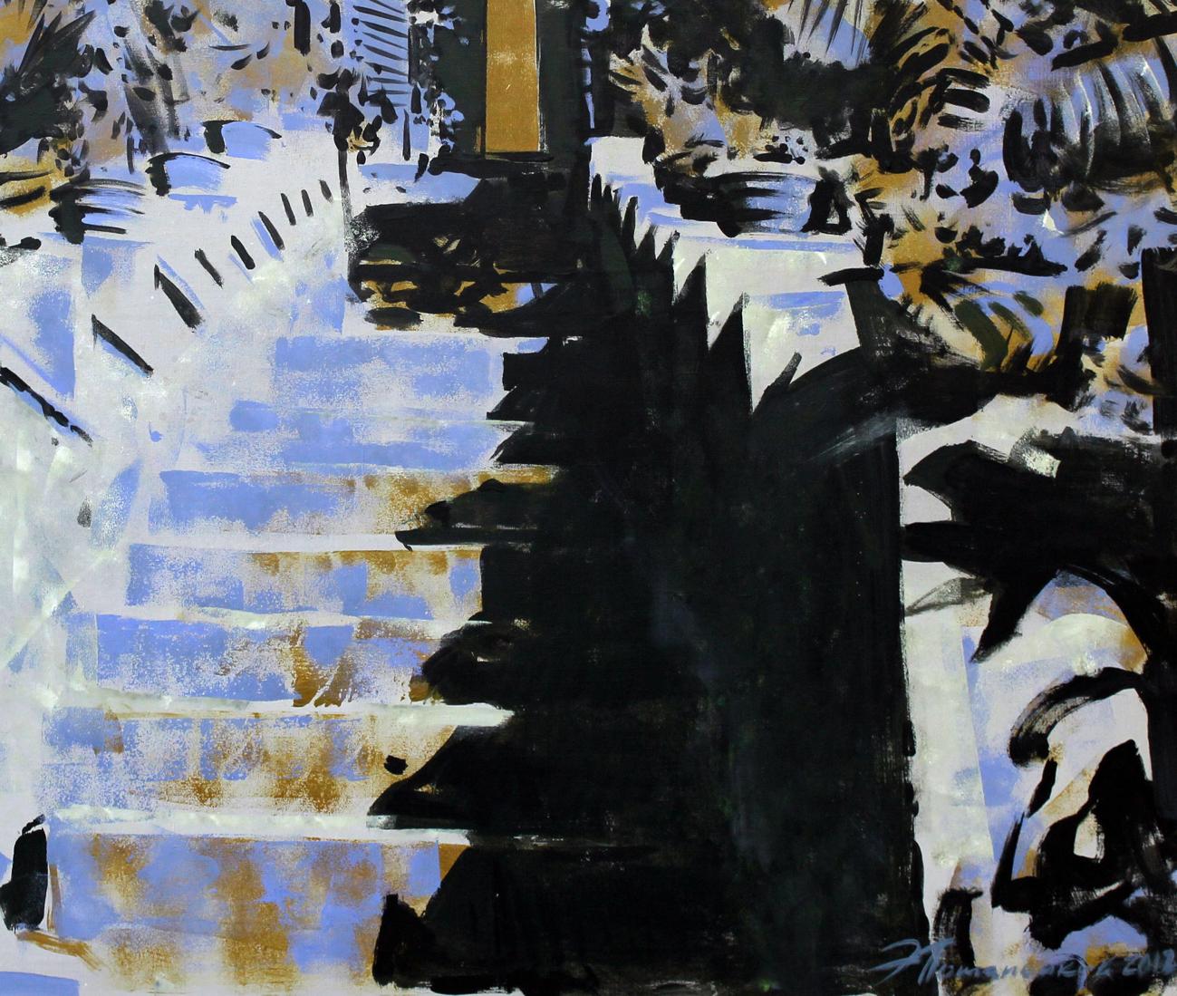 Oil painting Open Ed Potapenkov with bold black blue ochre brushstrokes