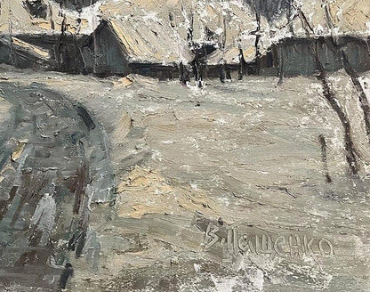 Oil painting Winter in the village by Volodymyr Pashchenko snowy scene