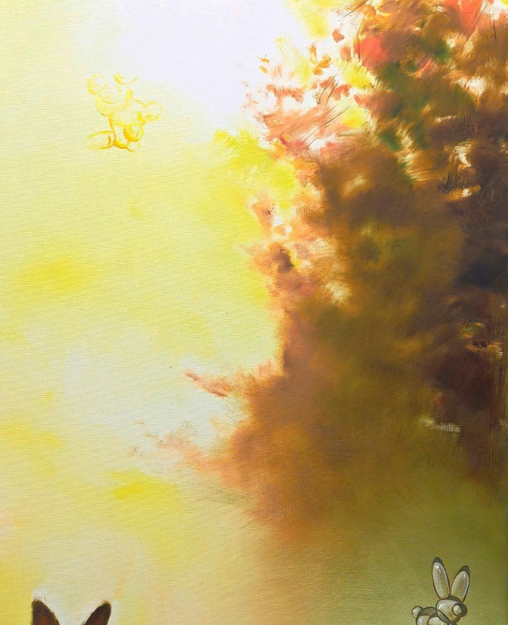 Oil painting Hare in the Fog by Igor Konovalov with warm yellow sky