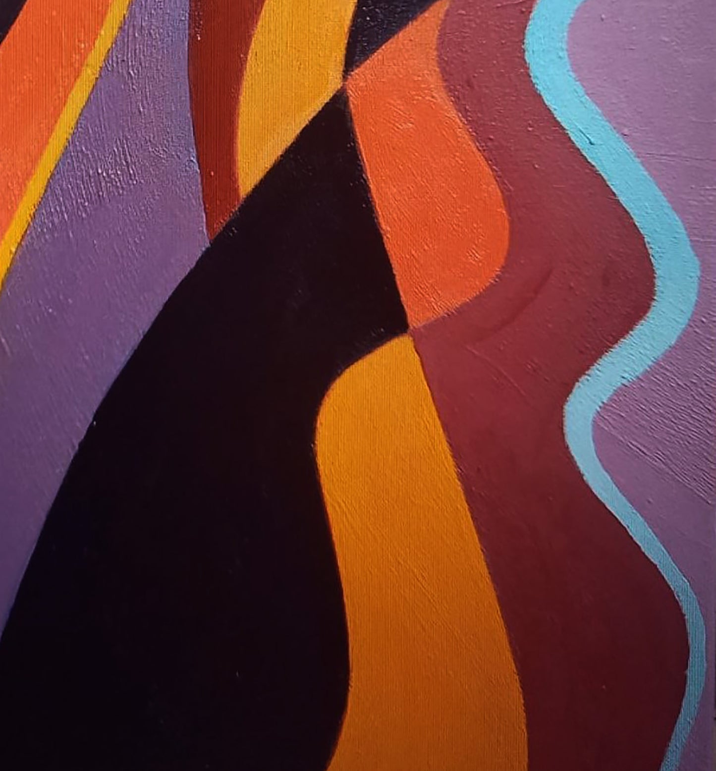 Vibrant Bend oil painting by Alexander Strashevich, bold curves in orange, purple, teal, black