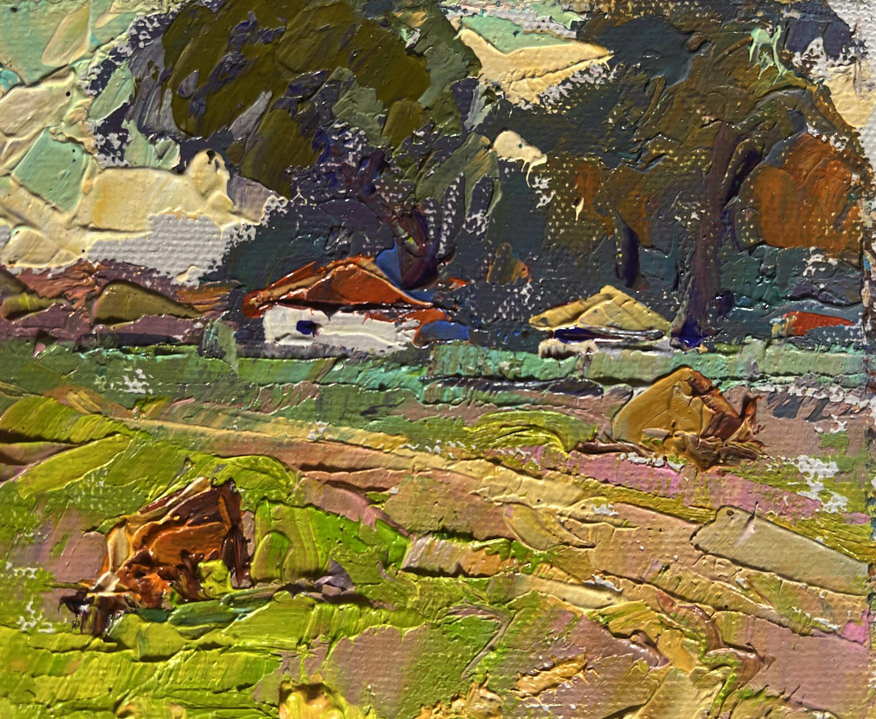 Textured impressionist oil painting of road to village by Oksana Ivanyuk