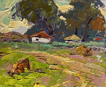 Textured impressionist oil painting of road to village by Oksana Ivanyuk