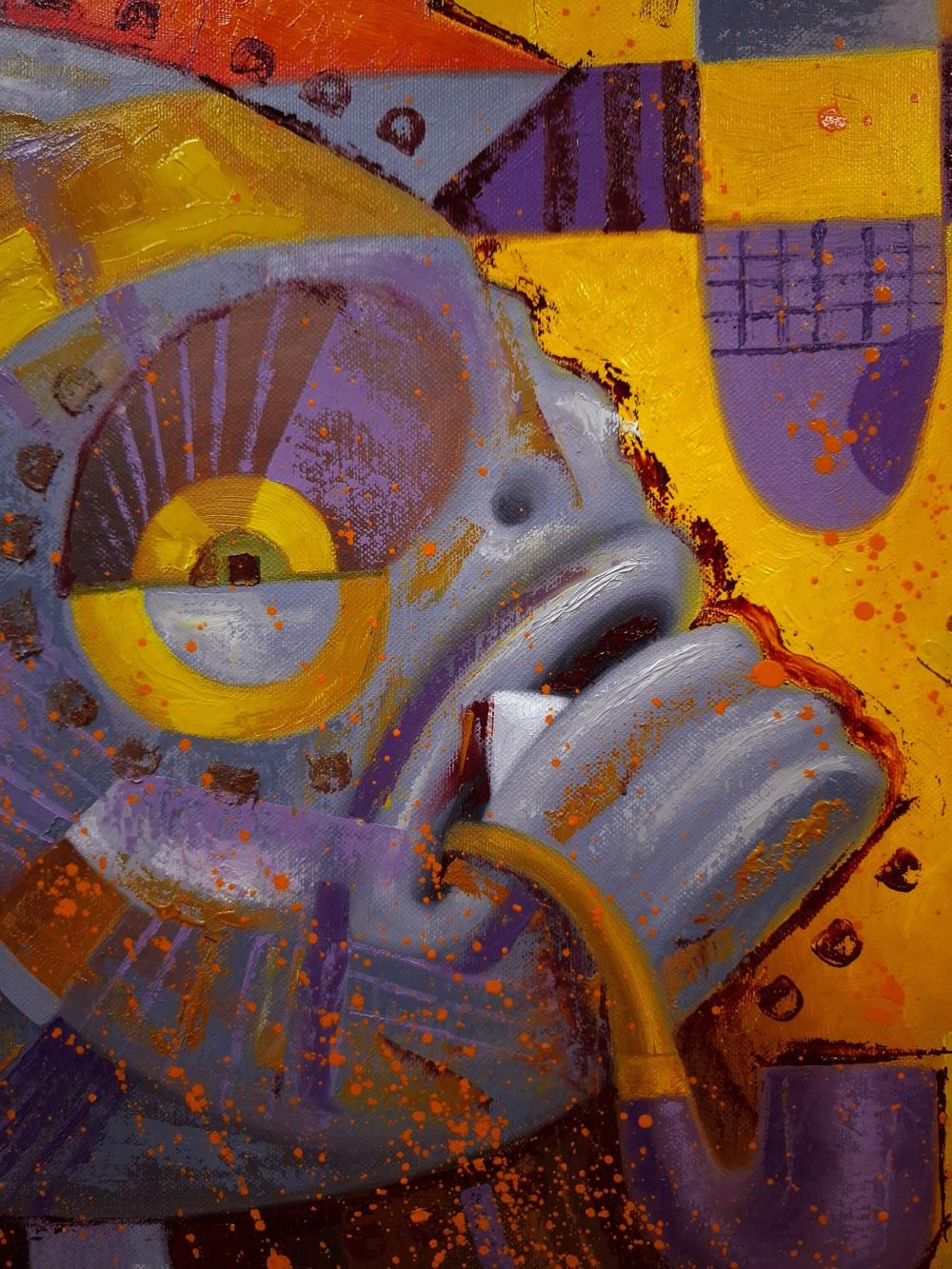 Stylized purple yellow abstract face oil painting Fish Promenade by Sergiy Voichenko