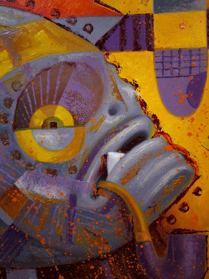 Stylized purple yellow abstract face oil painting Fish Promenade by Sergiy Voichenko