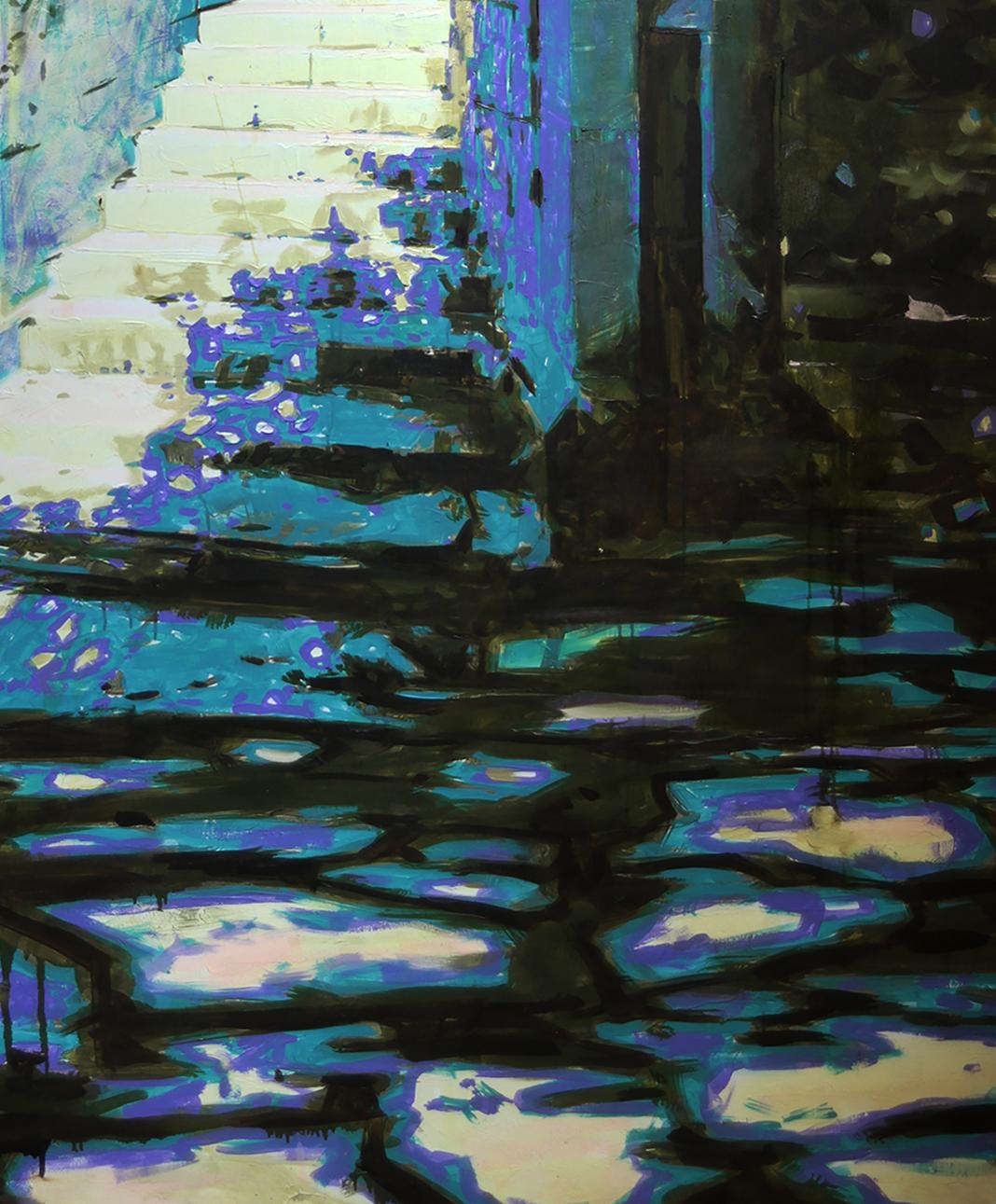 Vibrant Oil painting Midday by Ed Potapenkov in teal, blue, black, white