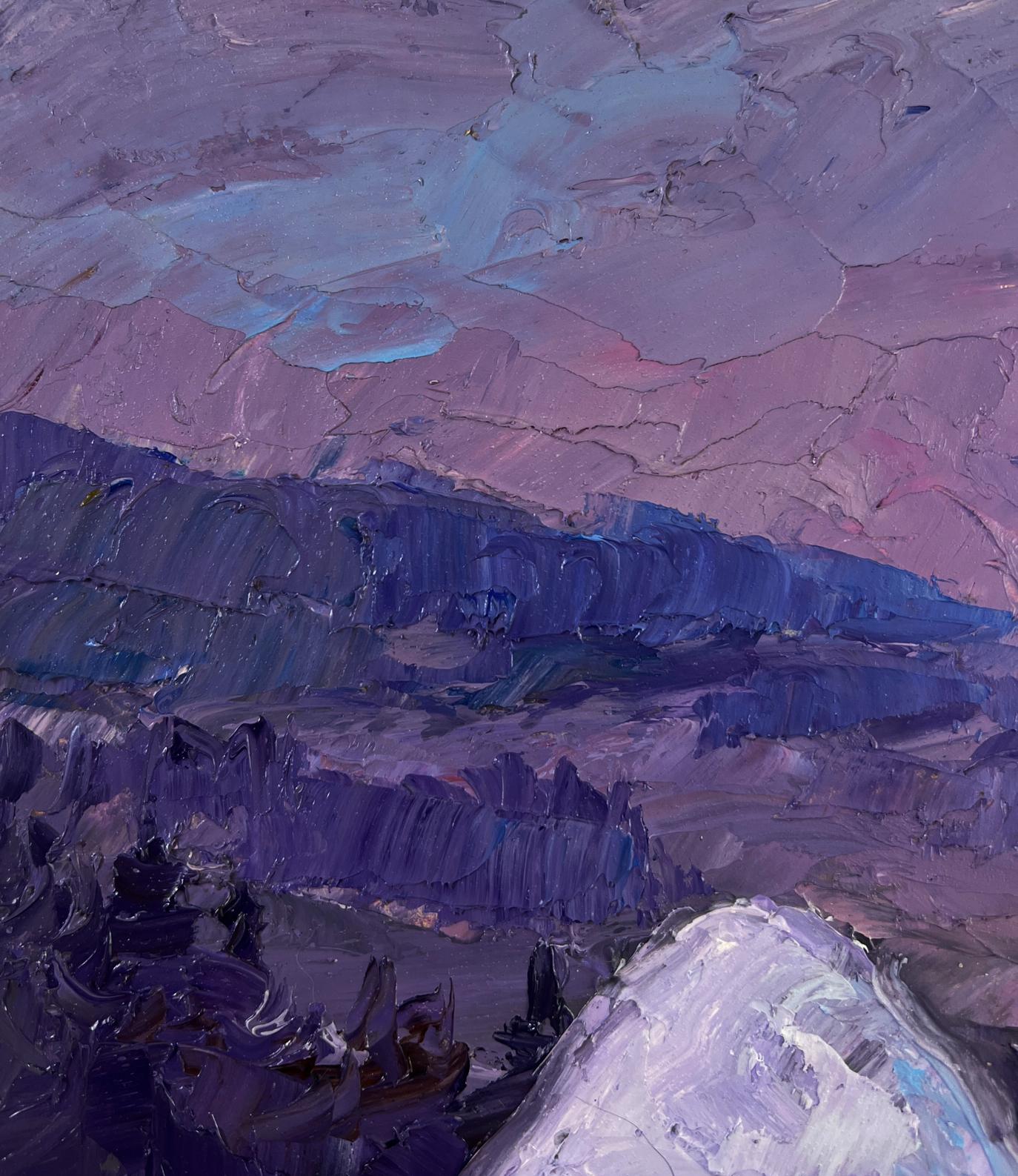 Oil painting The Silence of the Fields After Work by Boris Serdyuk, purple mountain landscape