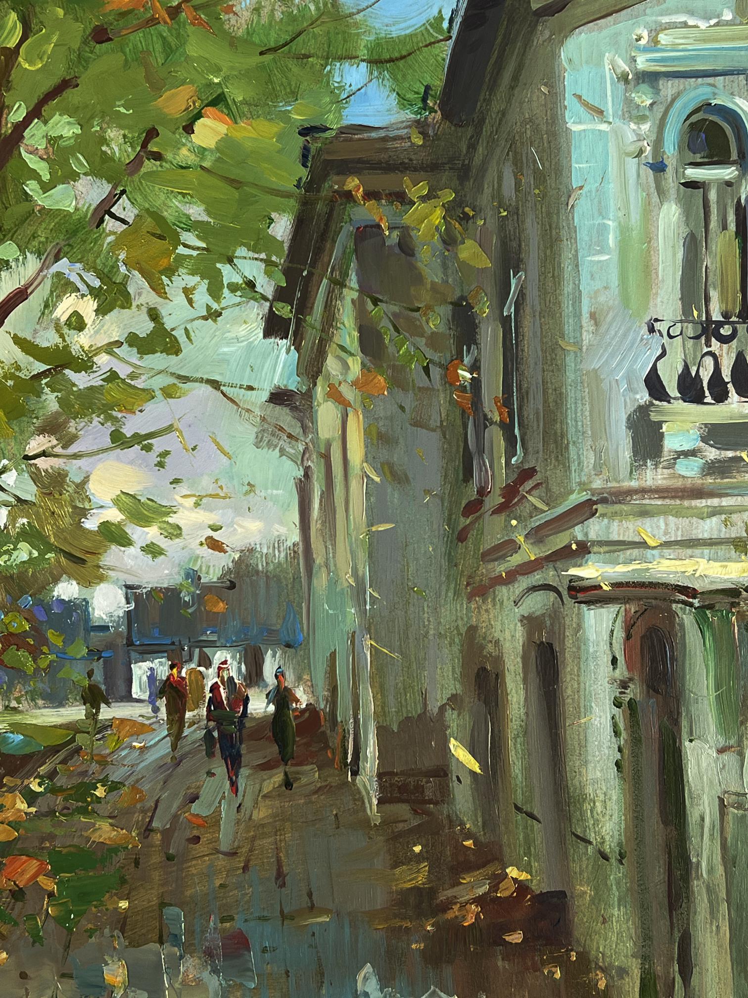 Oil painting by Yuriy Suprunchuk: daytime city street with falling green yellow leaves