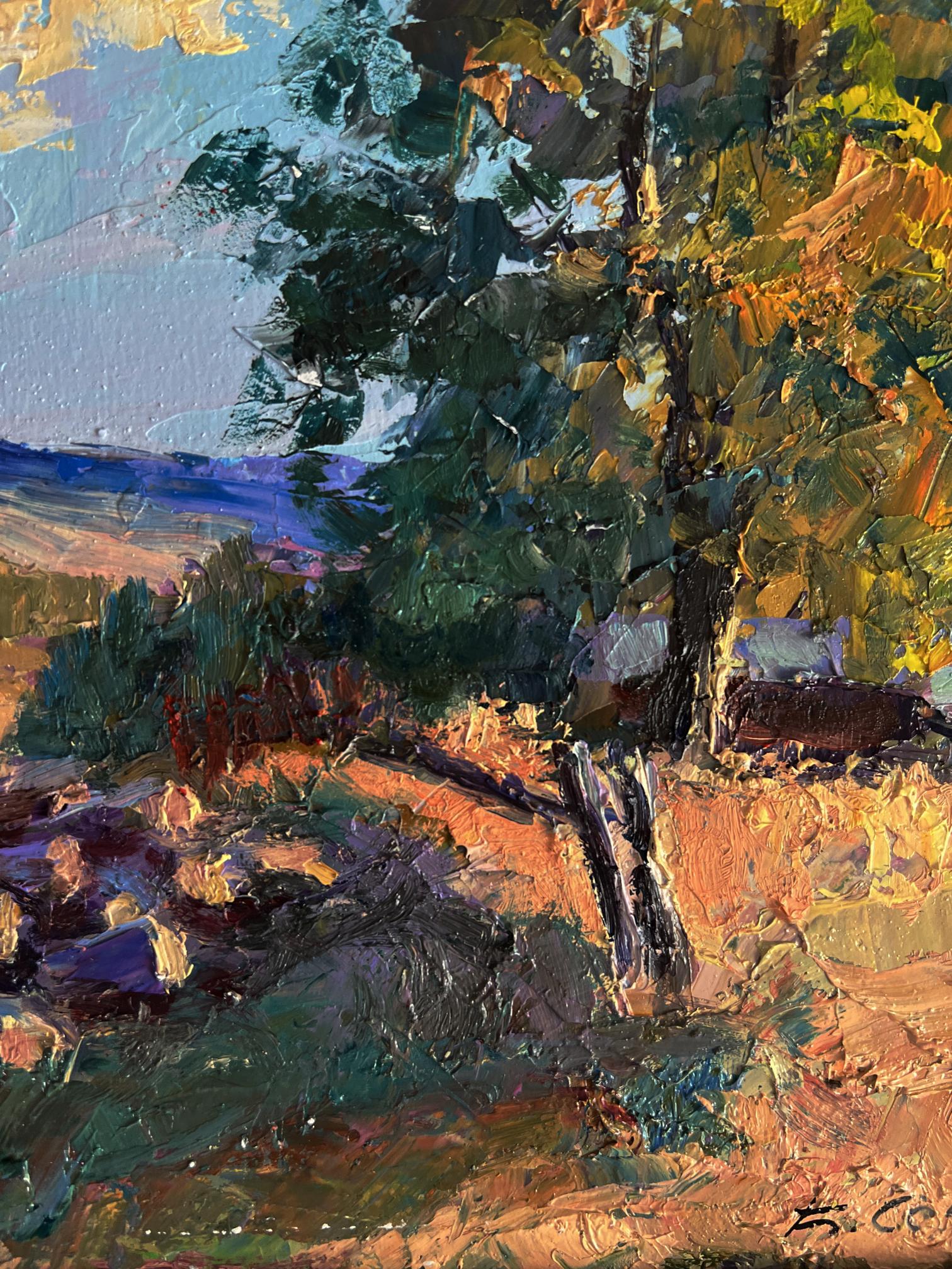 Textured impressionist oil painting of house on hill in forest by Boris Serdyuk
