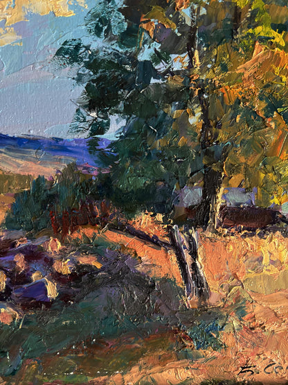 Textured impressionist oil painting of house on hill in forest by Boris Serdyuk