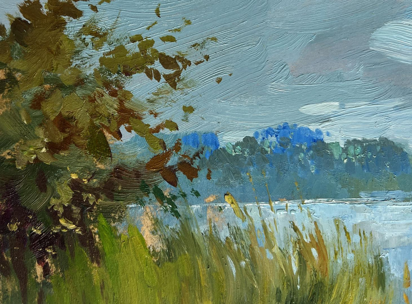 Oil painting of a boat among reeds by Yuriy Suprunchuk serene landscape